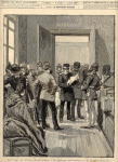 Gravure 1888 - 1er juin  la frontire d'Alsace-Lorraine - La vrification des passeports en gare de Deutsch-Avricourt