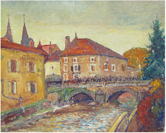 Einzug der soldaten über die Vesonse-Brücke von Blamont - Alfred Helberger Einzug der soldaten über die Vesonse-Brücke von Blamont - Alfred Helberger